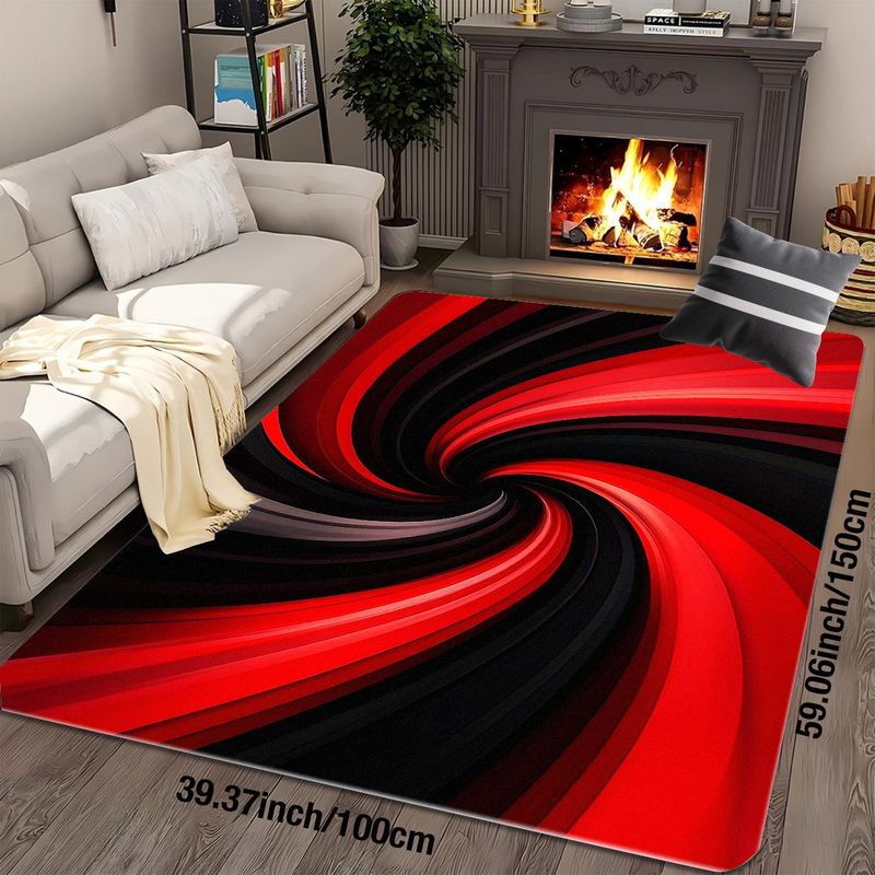 Printed Rug Abstract - Karpet Spiral Merah Hitam Bermotif Flanel