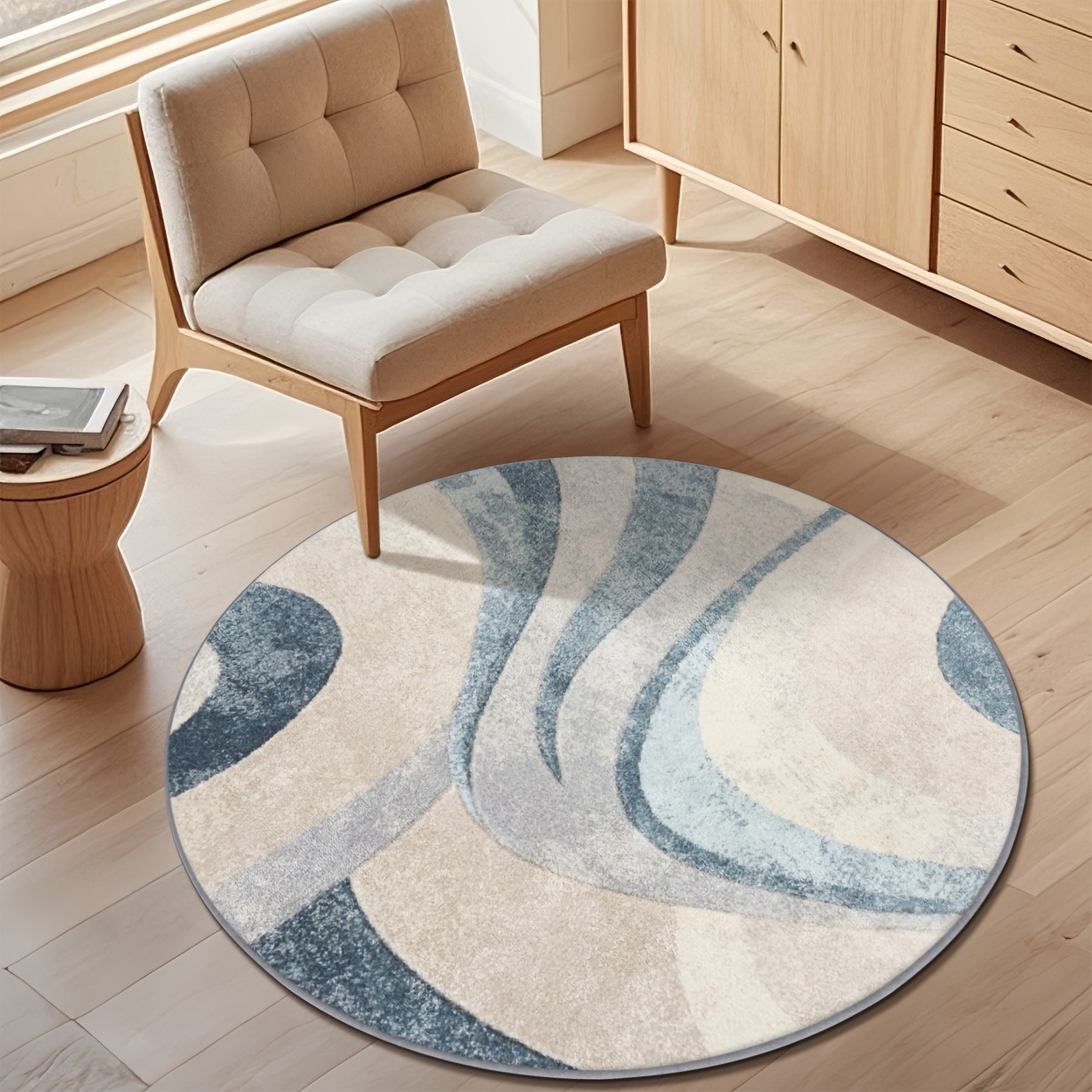 Printed Rug Abstract - Karpet Bulat Minimalis Warna Biru Beige,